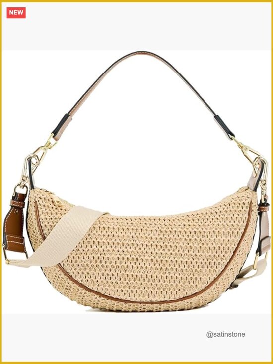 Handbags - Straw Woven Crescent Hobo Crossbody Bag with Adjustable Strap